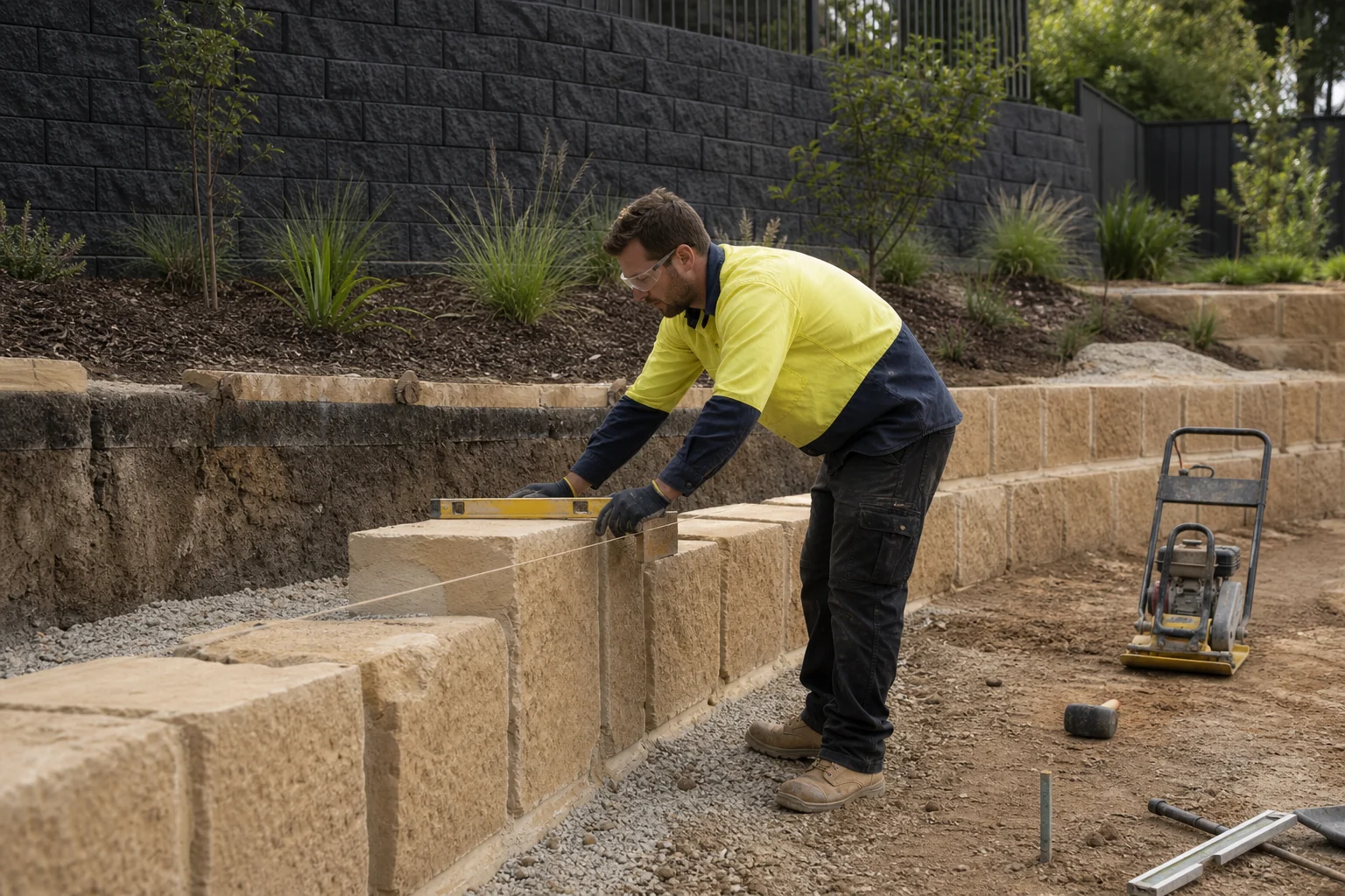 Illustrative unbranded scene of a landscaper building a pale stone retaining wall