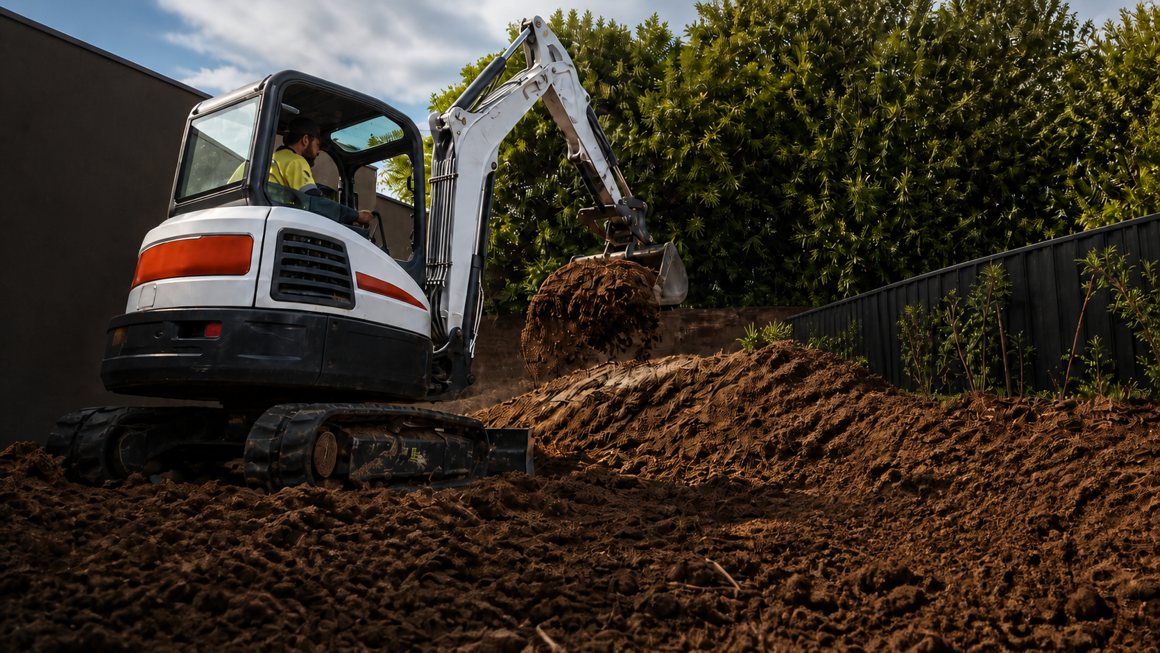Excavator preparing a residential property for landscaping