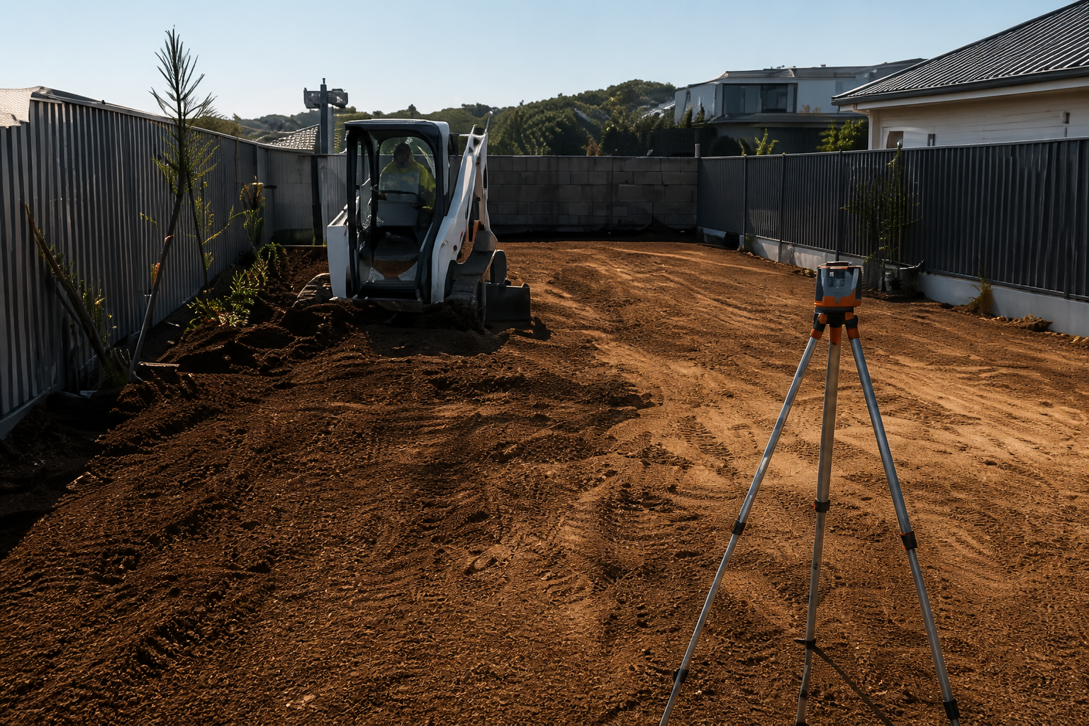 Compact excavator and survey laser preparing a residential site