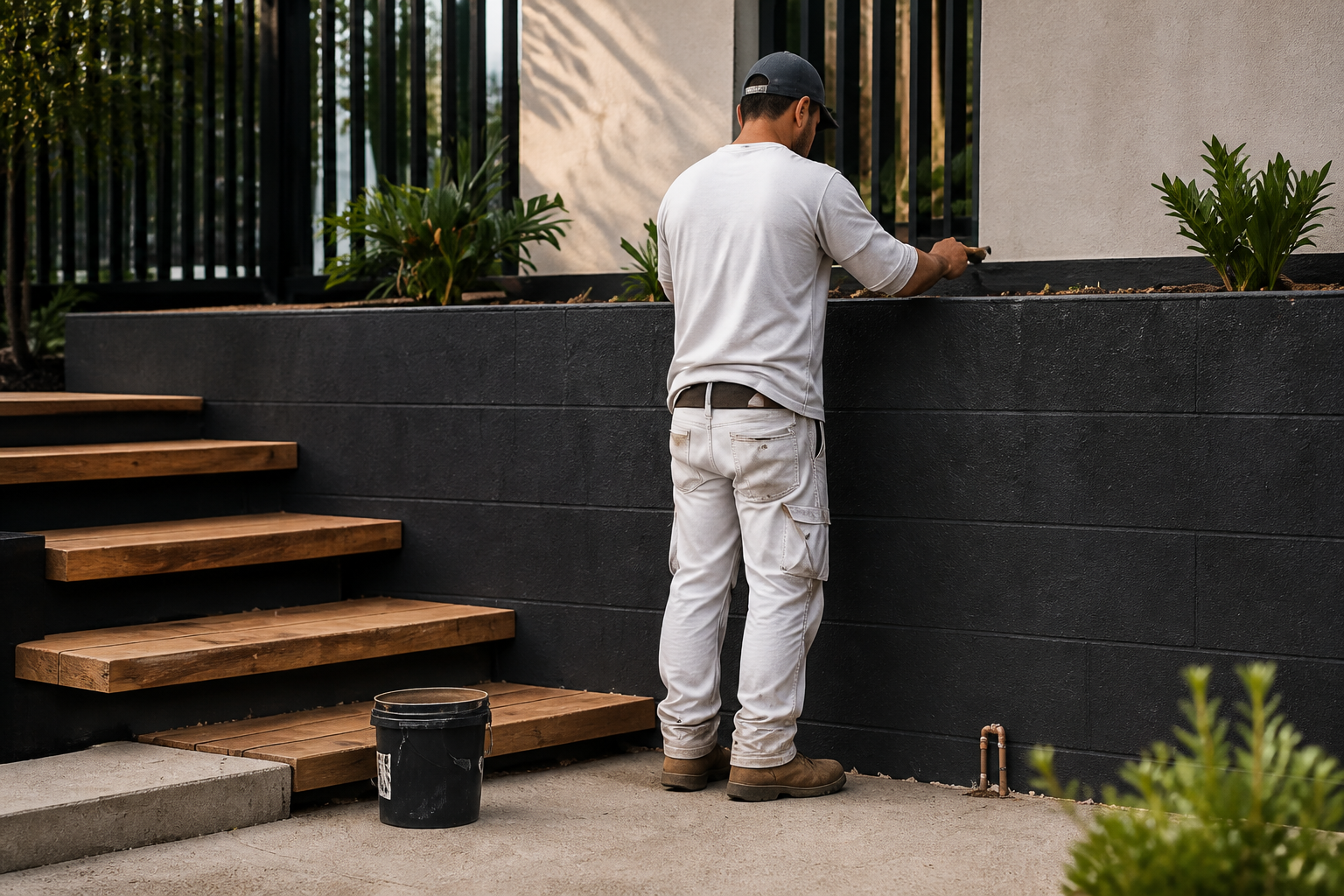 Illustrative unbranded painter applying a charcoal finish to a retaining wall