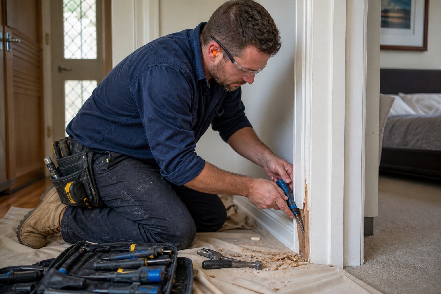 Carpenter carefully repairing a damaged timber door jamb