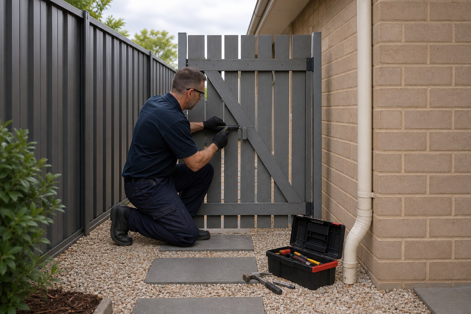 Property maintenance professional repairing an exterior side gate
