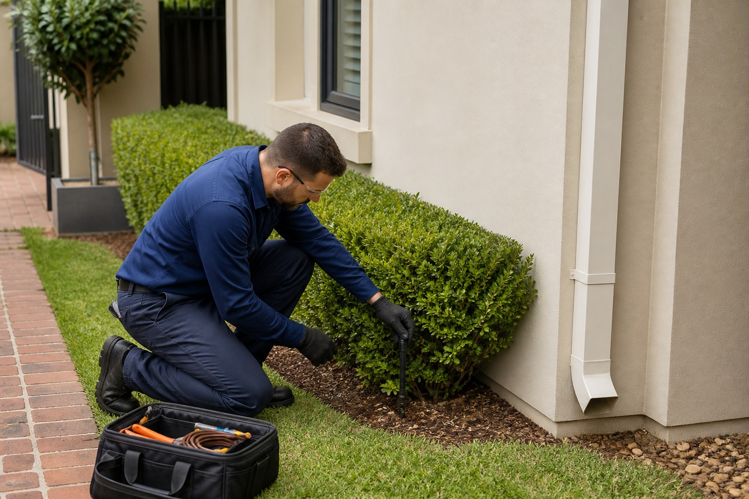 Property care professional checking garden irrigation beside a maintained home