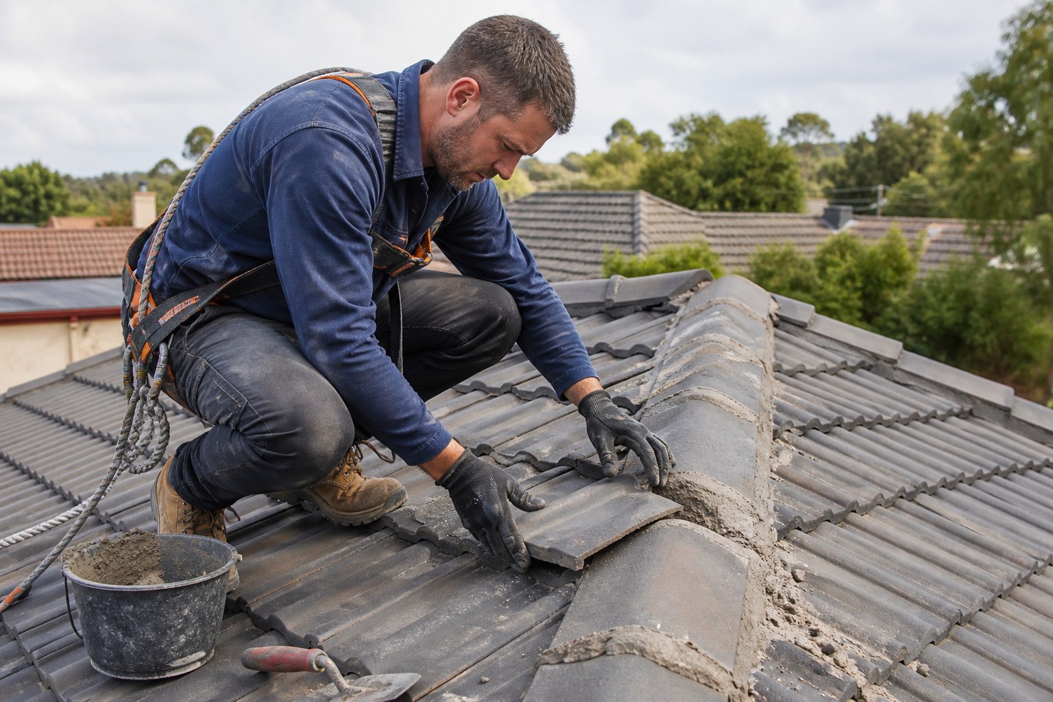 Roof worker repointing ridge caps on an Australian tiled roof