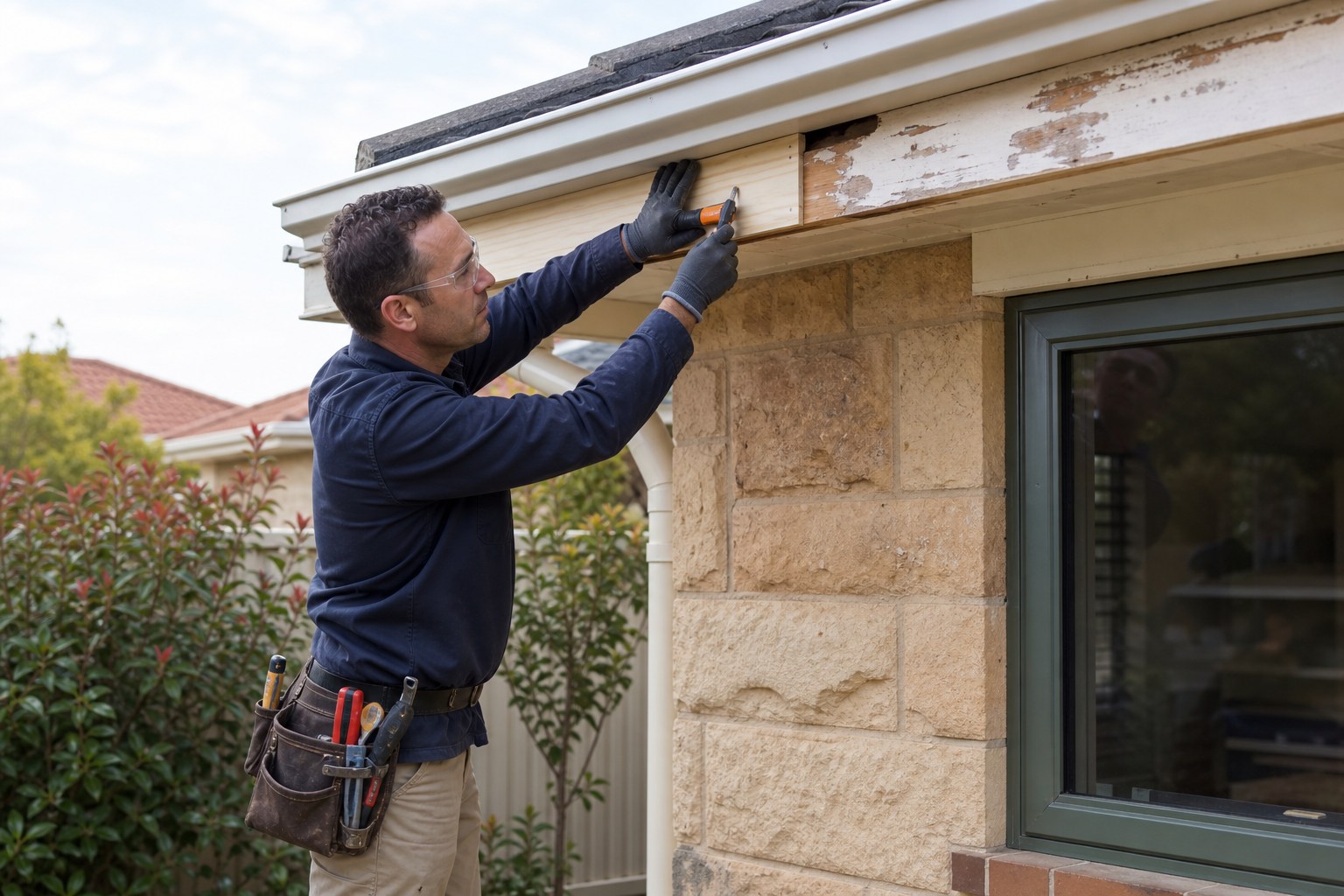Carpenter repairing exterior timber trim on an Australian home