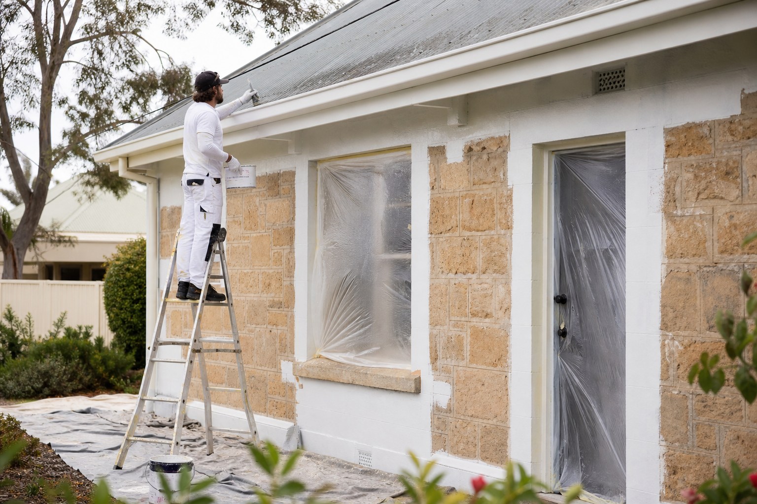 Professional painter preparing and coating the exterior of a suburban home