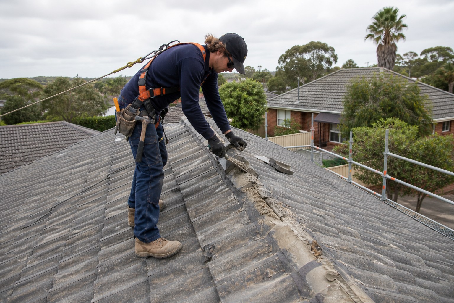 Roof specialist restoring tiled roofing with professional safety equipment