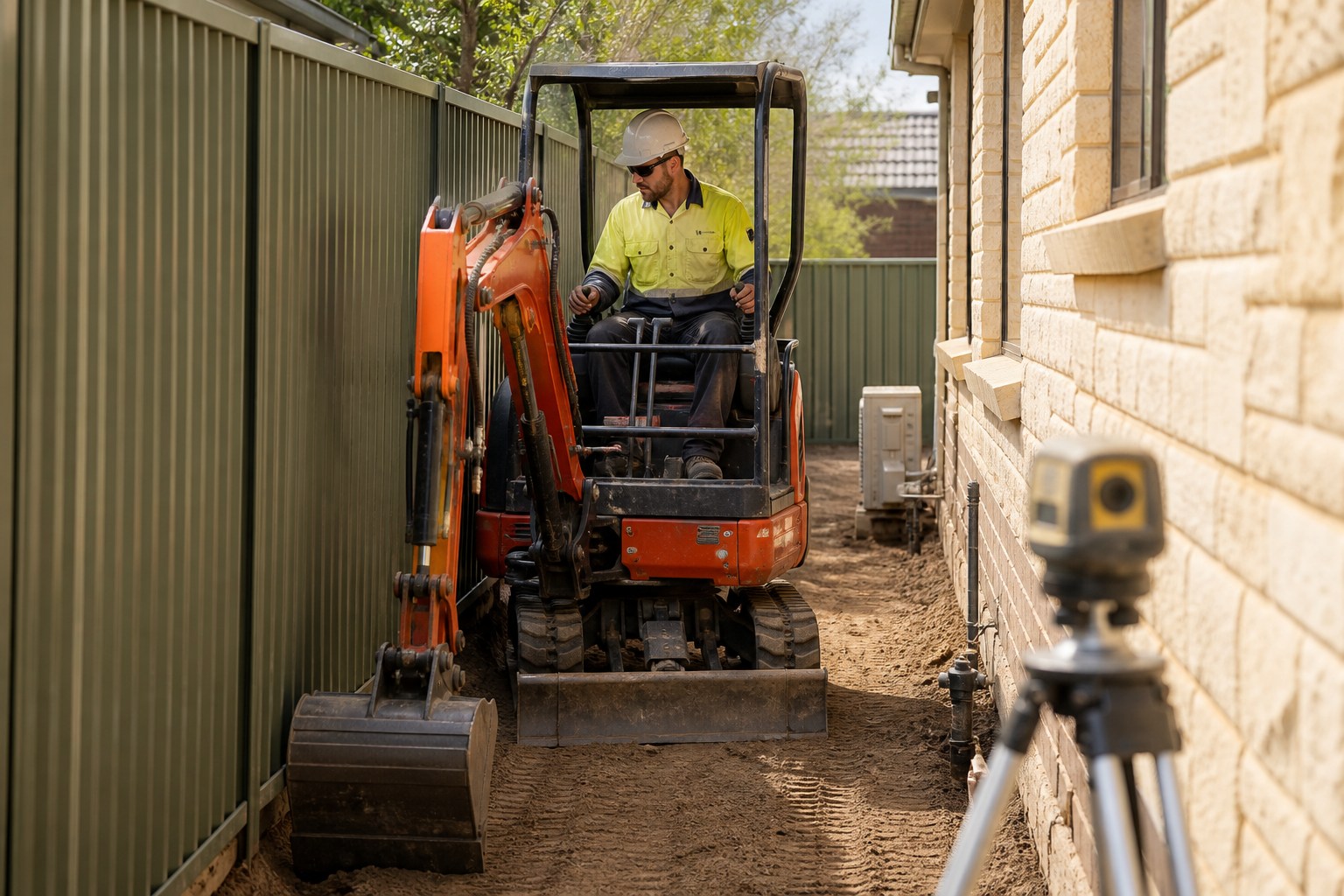 Compact excavator preparing narrow side access beside a suburban home