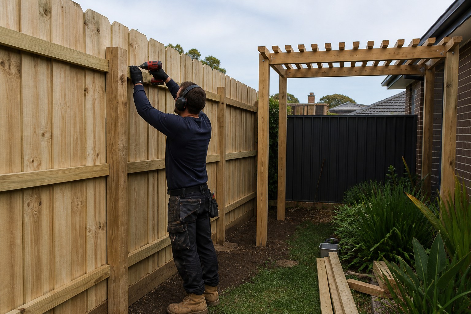 Tradesperson constructing a timber boundary fence beside an Australian home
