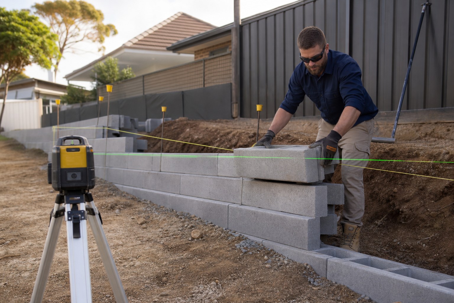Landscaper building a levelled retaining wall in a suburban yard