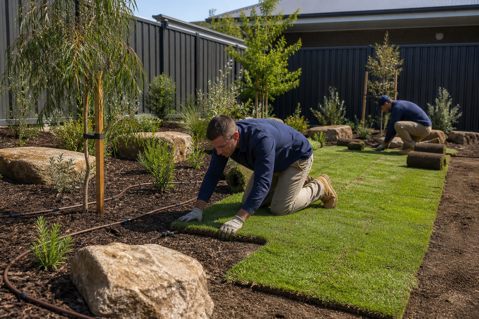 Landscapers laying turf and planting a prepared suburban garden