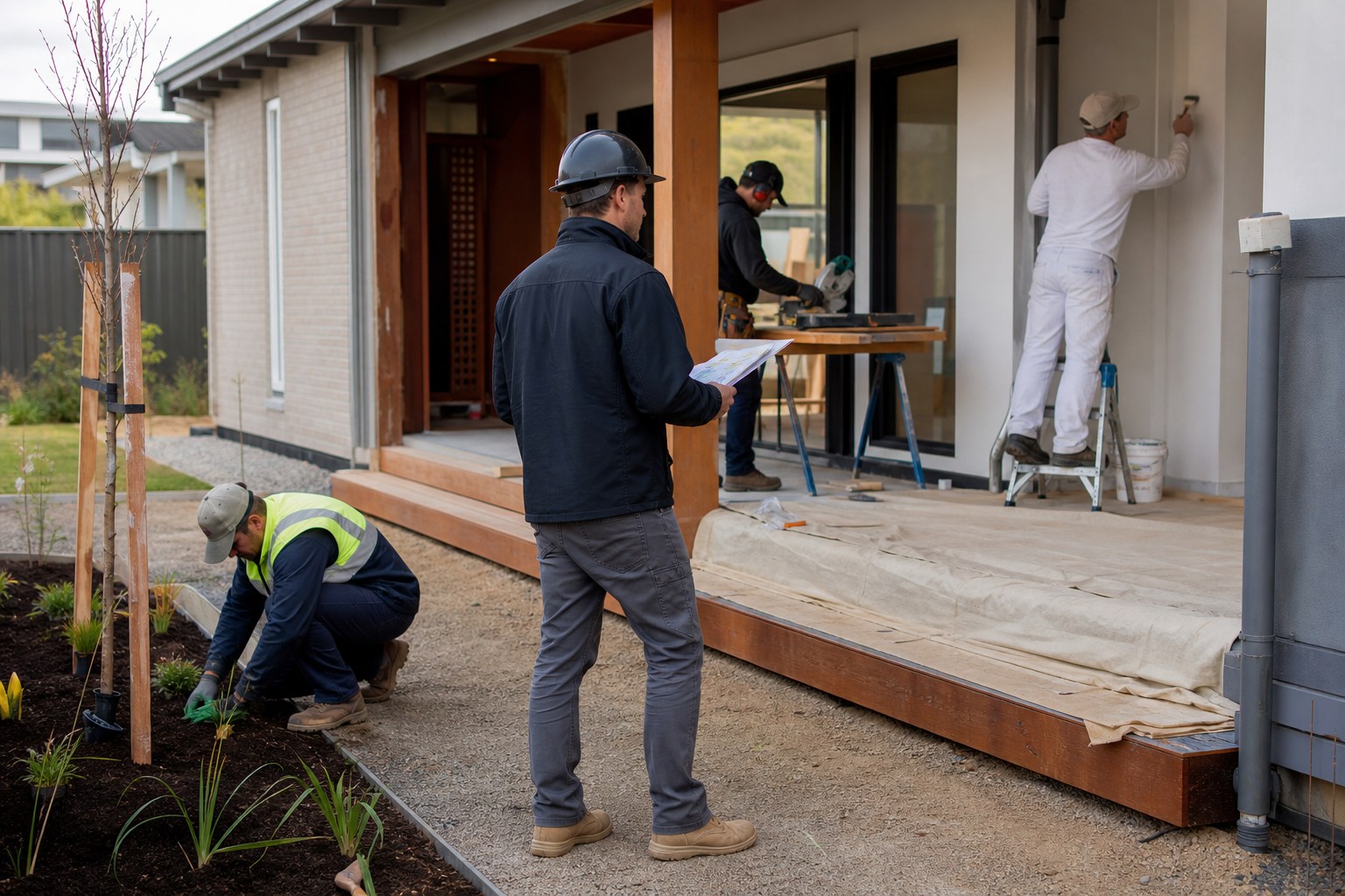 Professional trades coordinating connected work across a residential property