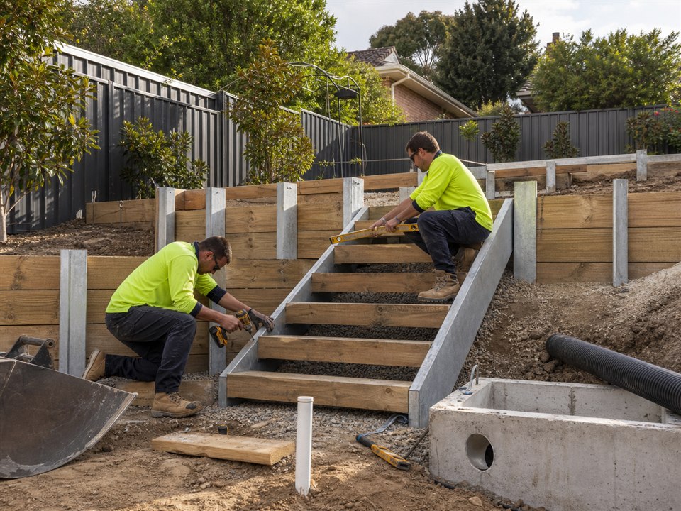 Tradespeople in full-length work trousers building retaining and garden steps