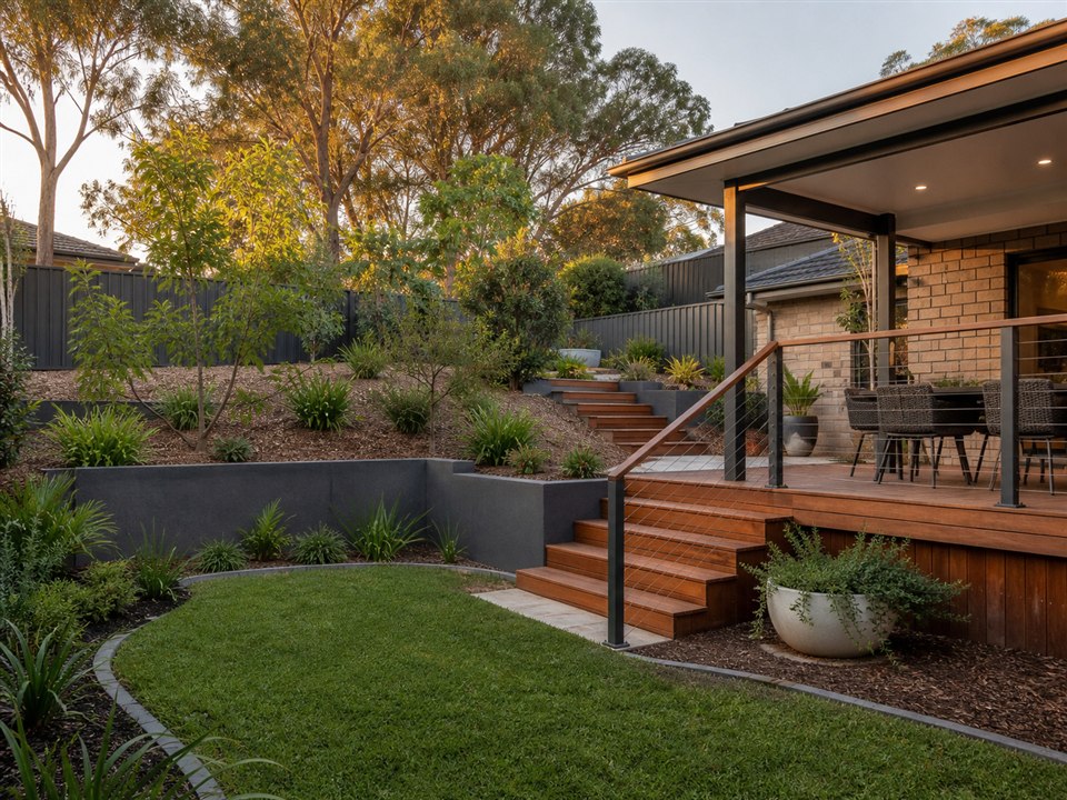 Completed residential landscape with retaining, deck and native planting