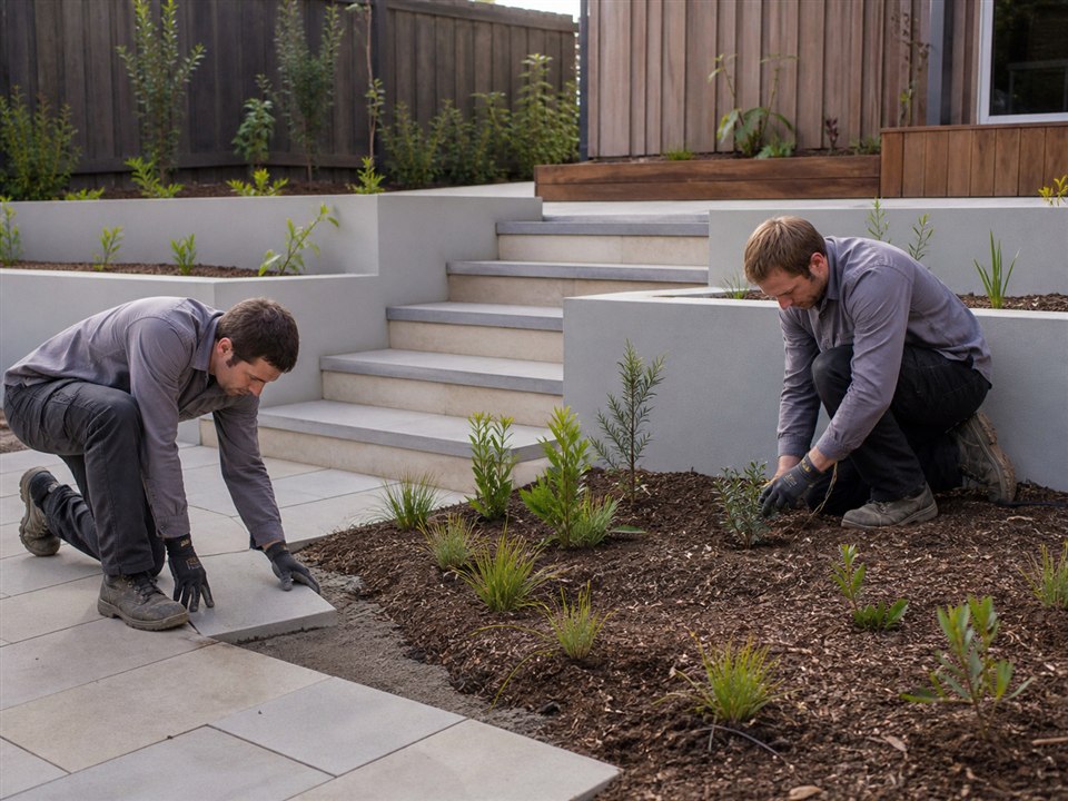 Landscapers in full-length work trousers completing paving and planting