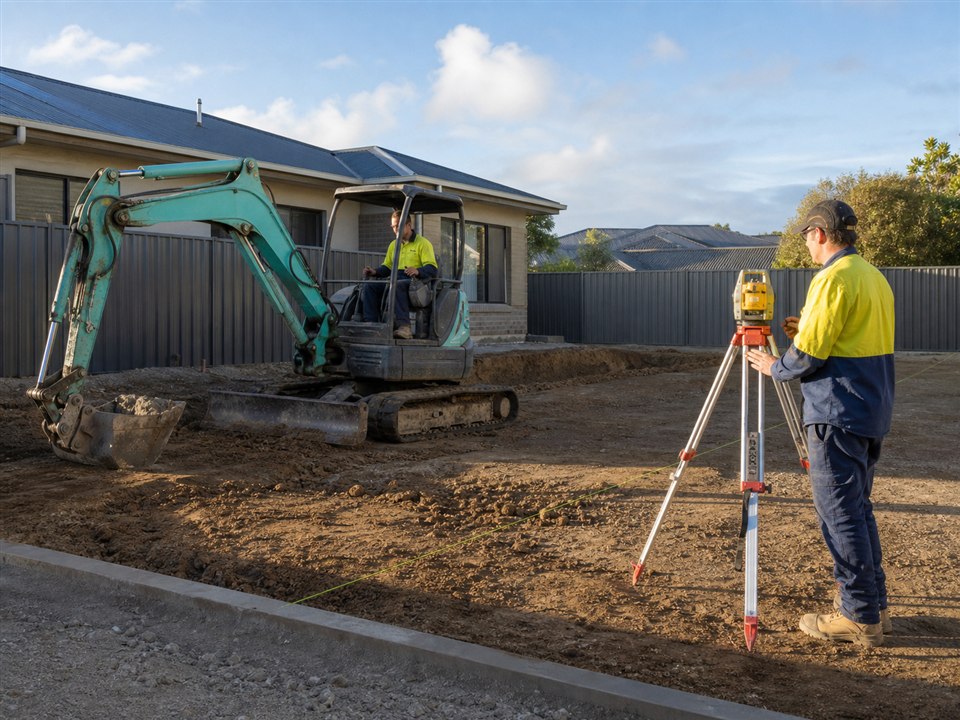 Excavator and site worker setting residential drainage levels